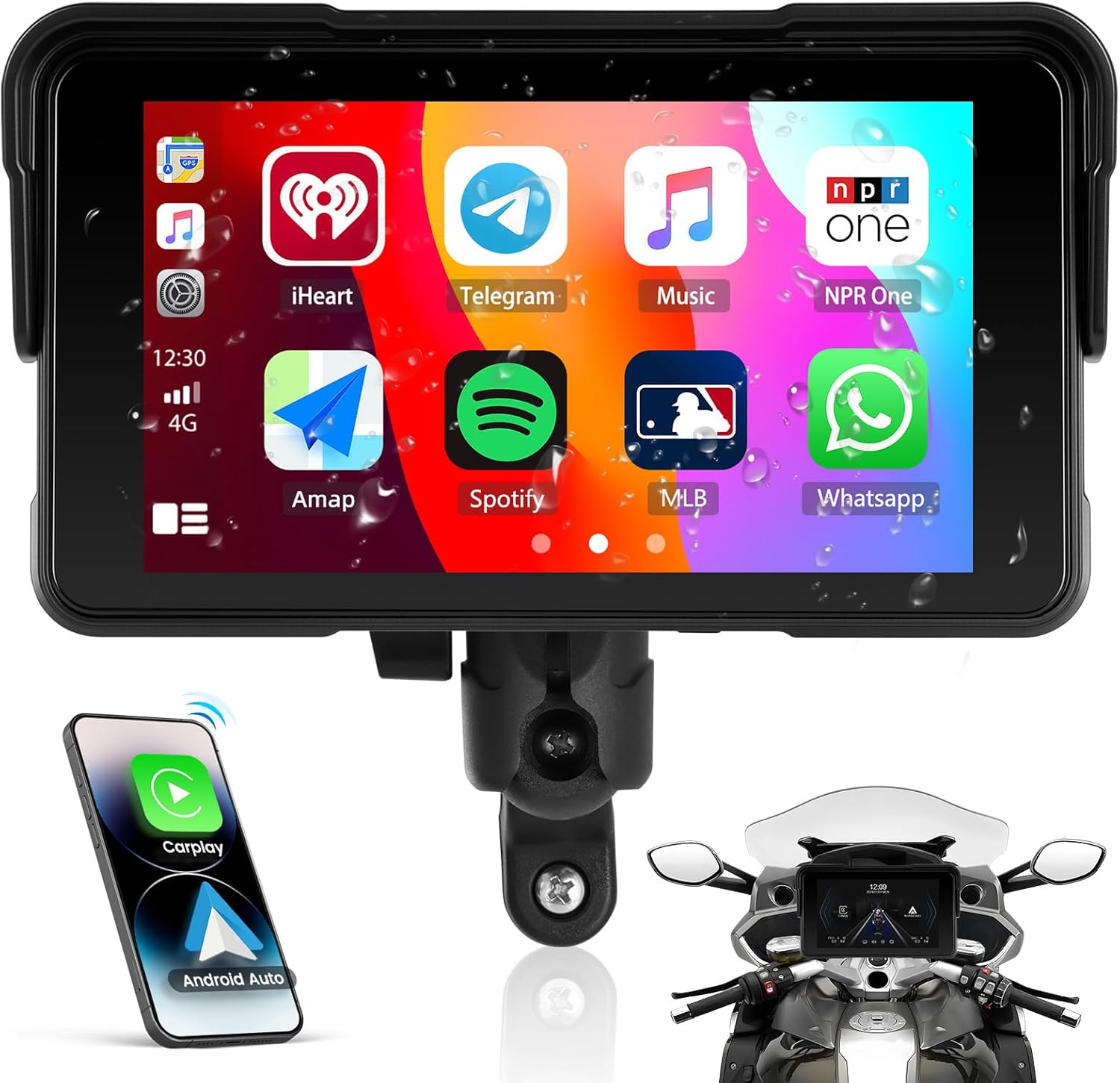 OiLiehu wireless motorcycle carplay screen showing front view mounted on handlebars