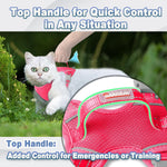 Adjustable pink mesh cat harness with leash set top handle view