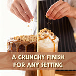 Gourmet crunchy toffee crunch topping sprinkled over a fresh vanilla ice cream scoop.