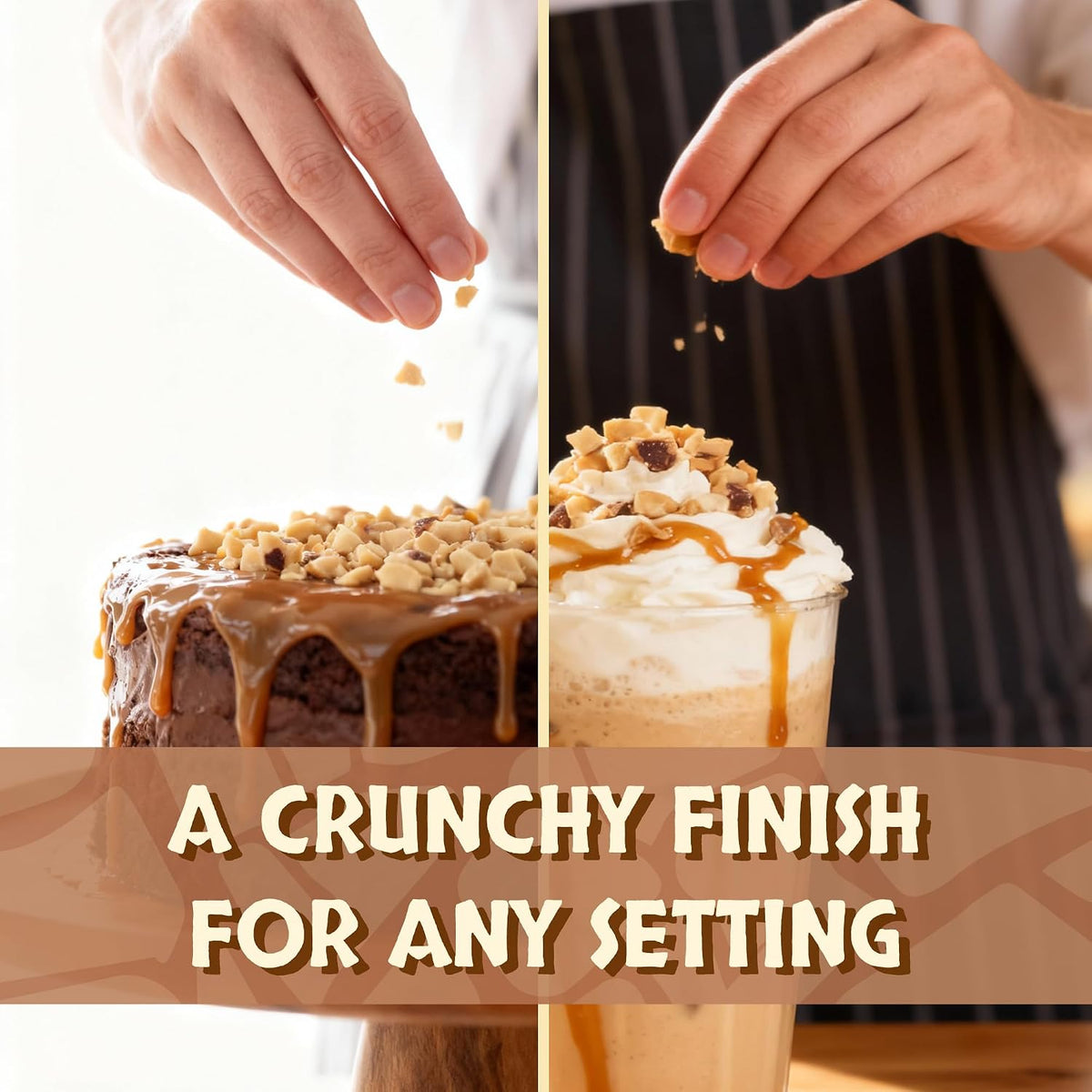 Gourmet crunchy toffee crunch topping sprinkled over a fresh vanilla ice cream scoop.