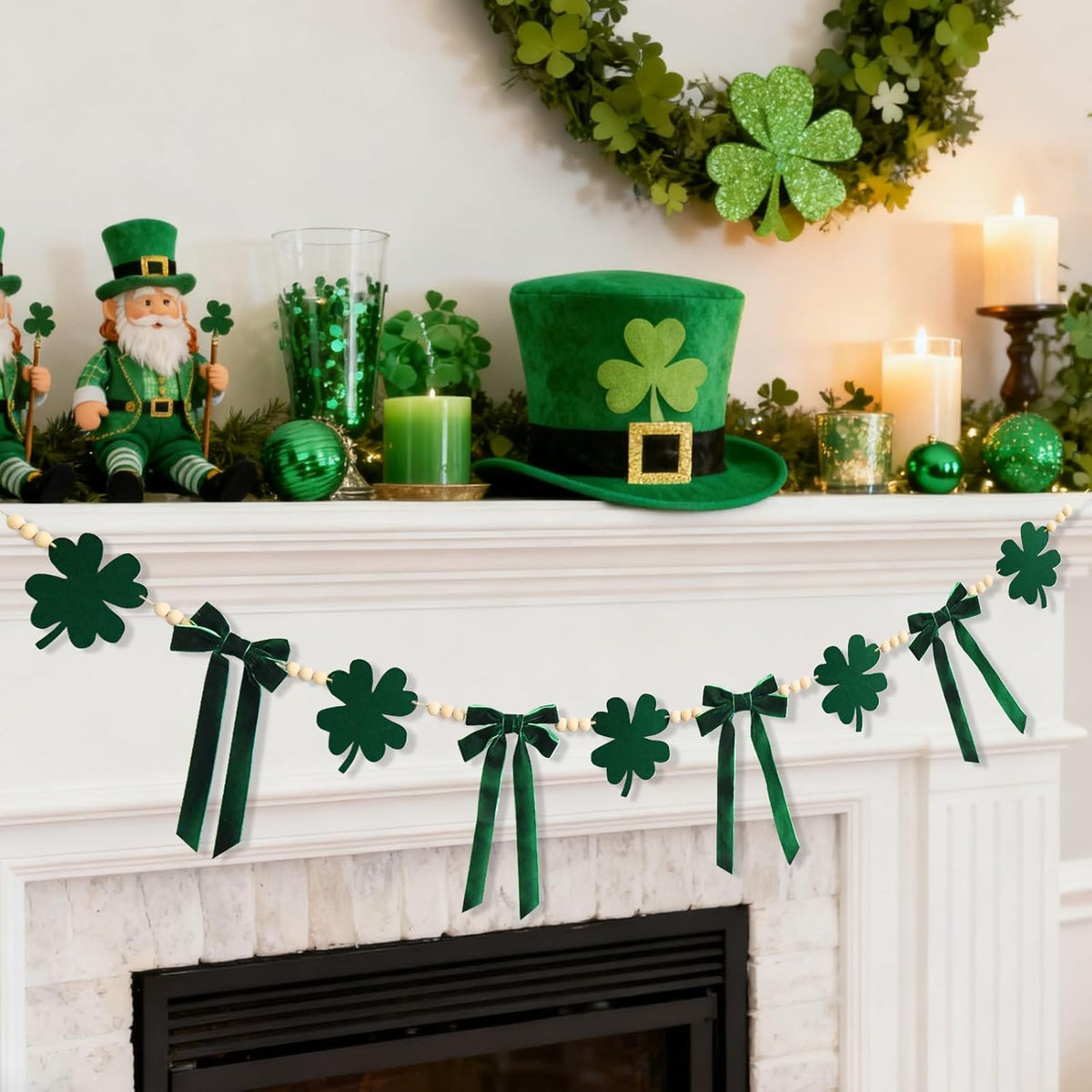 CRAFLOX St Patricks Day felt shamrock bow garland front view hanging on a white fireplace mantel