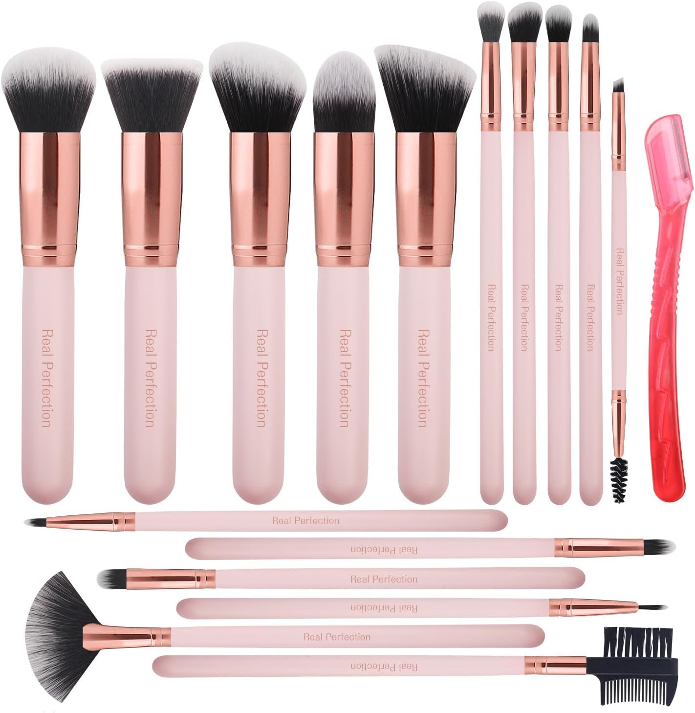 Real Perfection makeup brush set 16 pieces front view showing pink handles and rose gold ferrules.