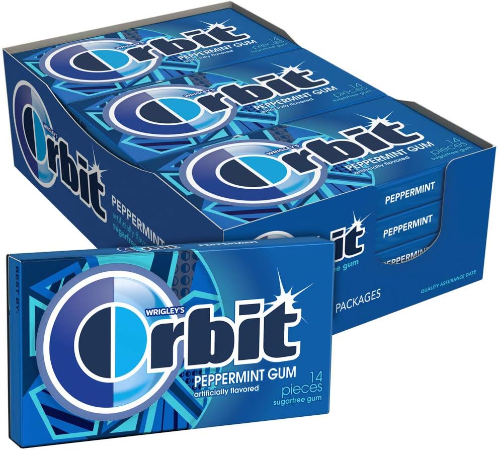 Sugar free Orbit Peppermint gum packs arranged neatly for fresh breath convenience.