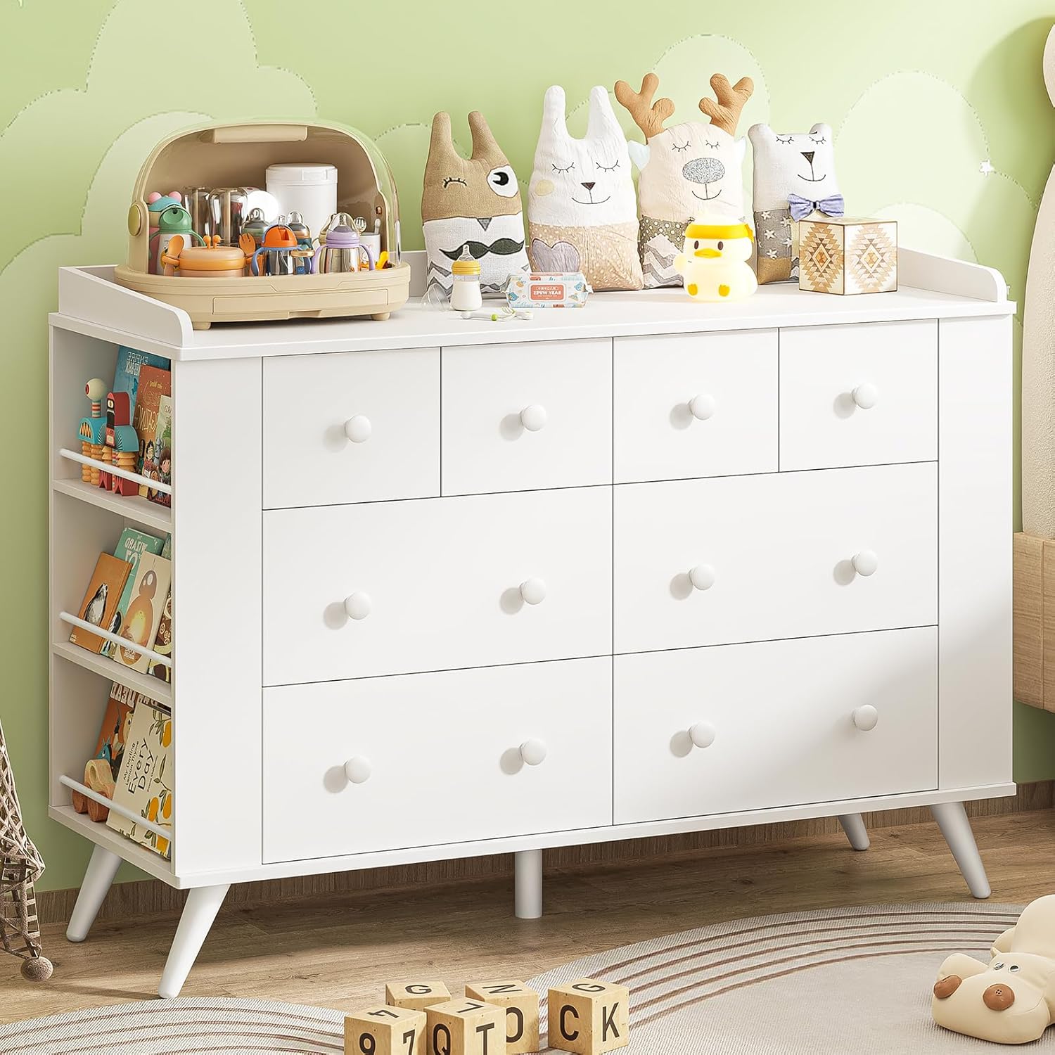 Vabches kids dresser cabinet front view showing white finish and eight drawers setup.