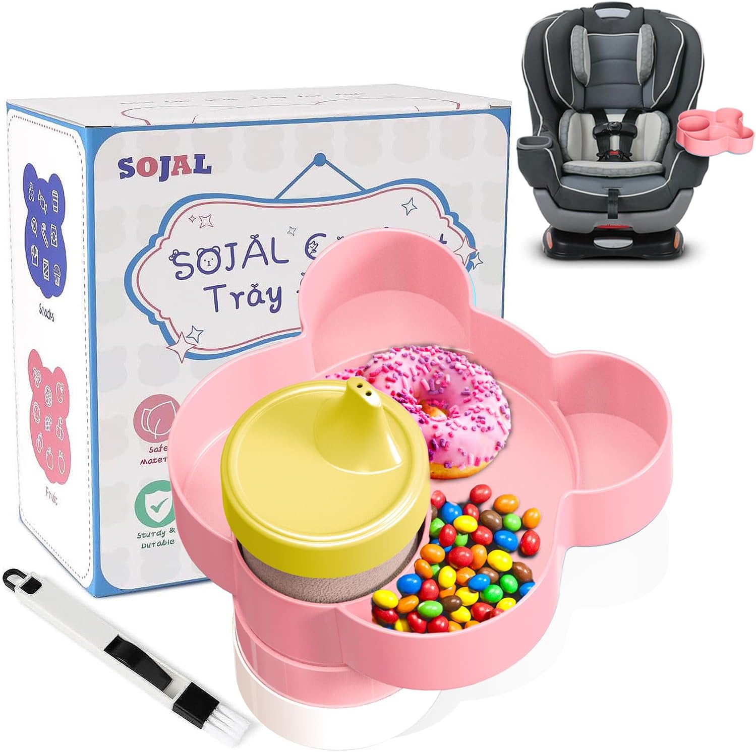 BlueOrigin Kids Car Seat Snack Tray pink bear shaped front view for toddler road trips