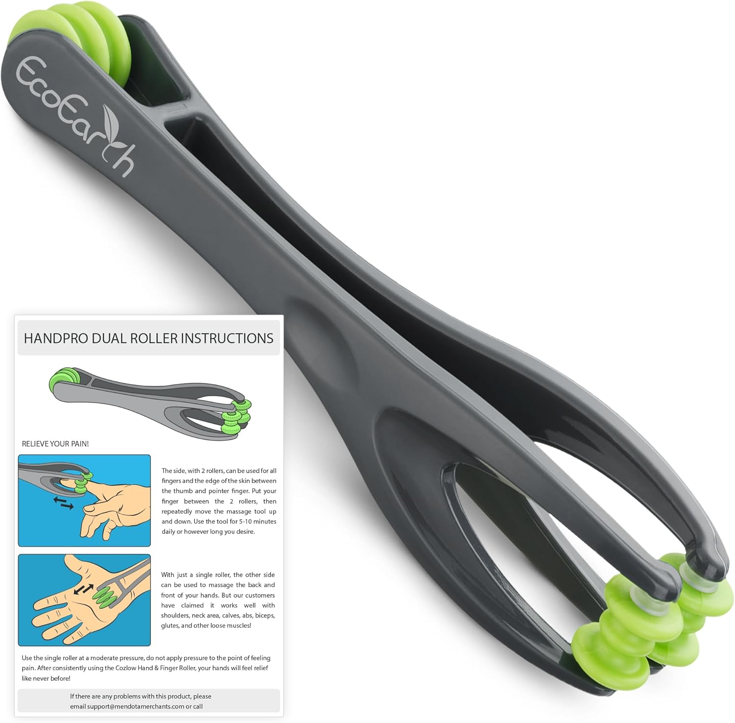 EcoEarth finger and hand massager front view showing dual rollers.