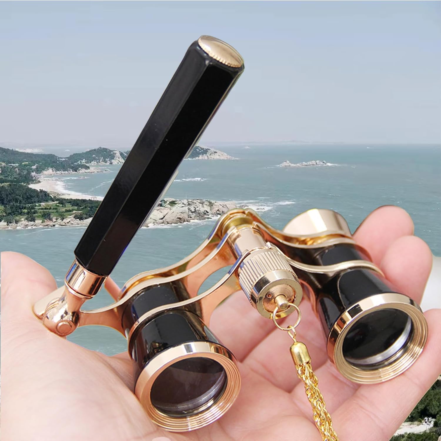 Yourelexit vintage opera glasses front view showing black and gold polished alloy finish