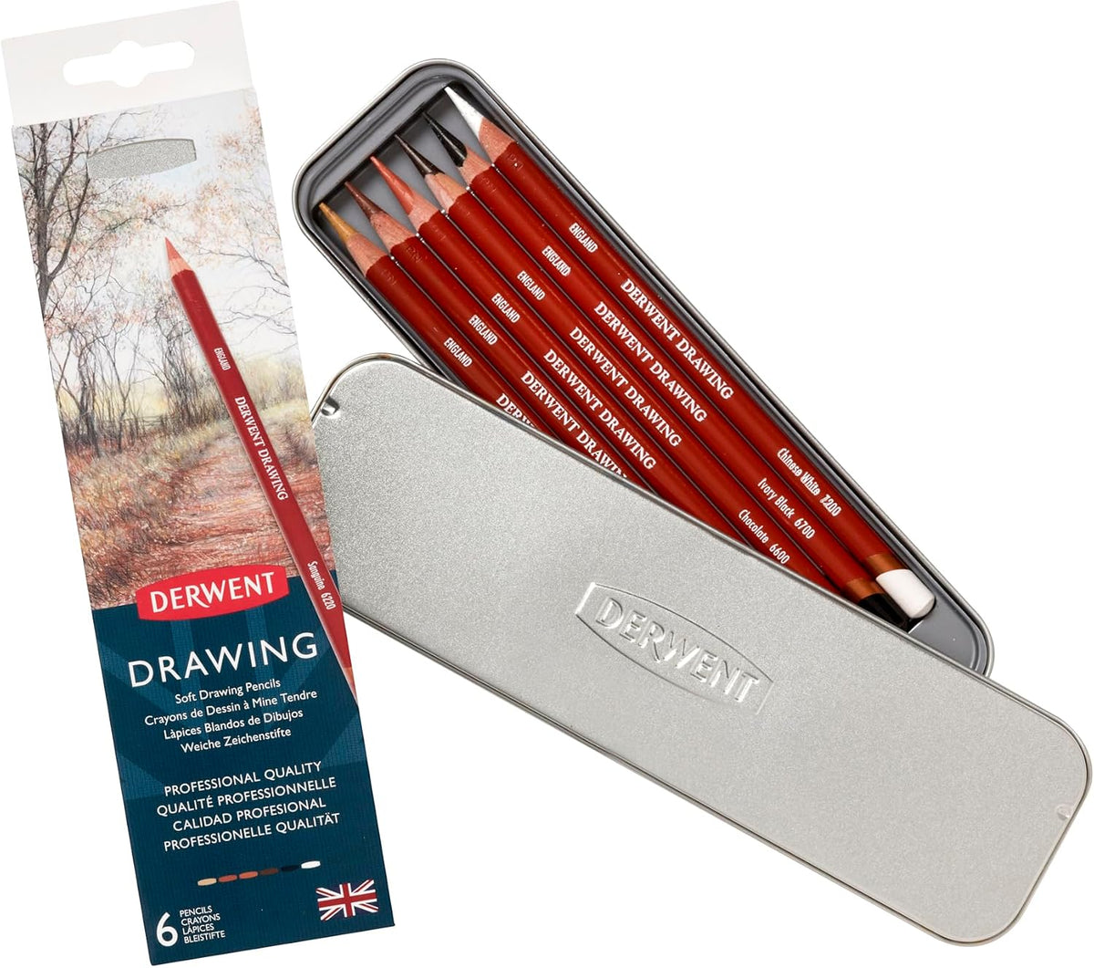 Derwent drawing pencils and accessories front view in metal tin