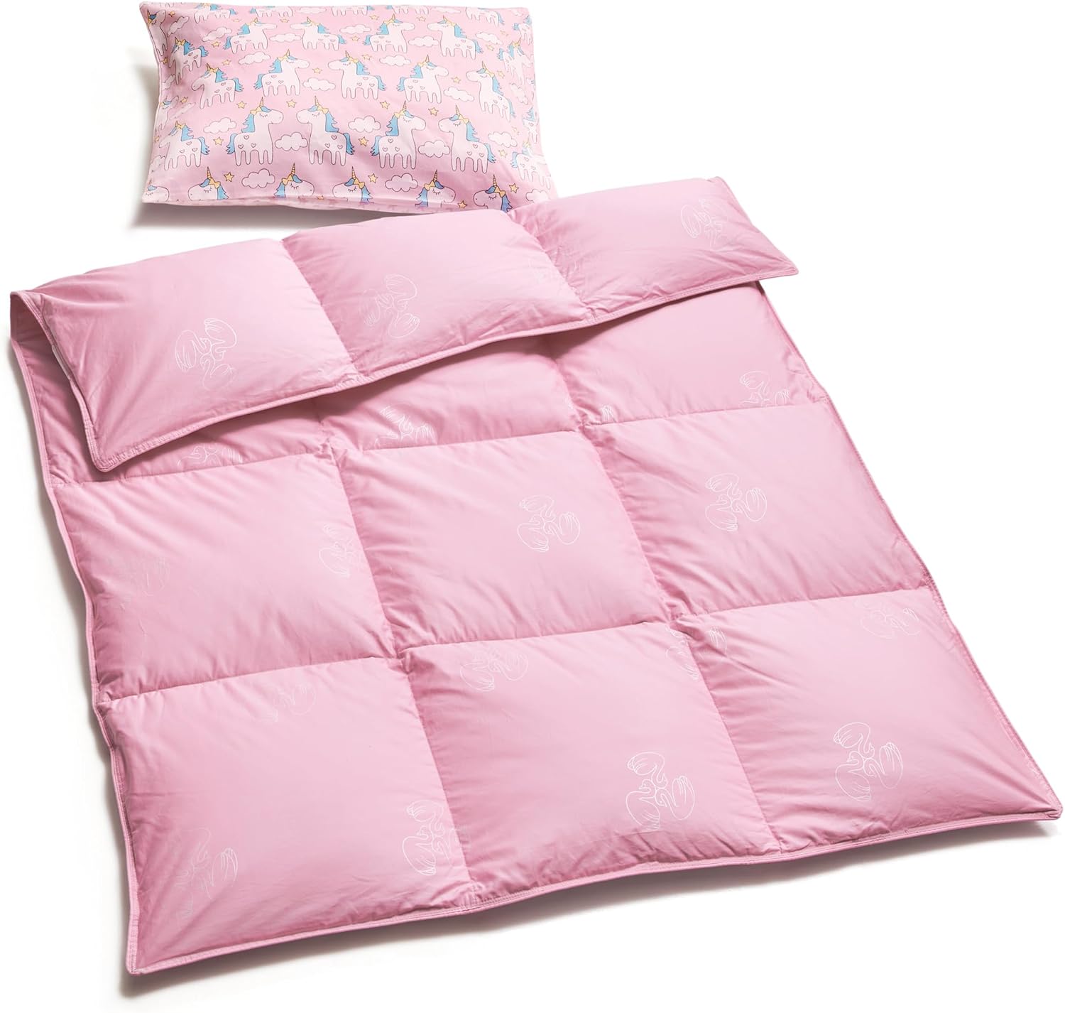ZPECC toddler goose down comforter pink front view showing quilted design