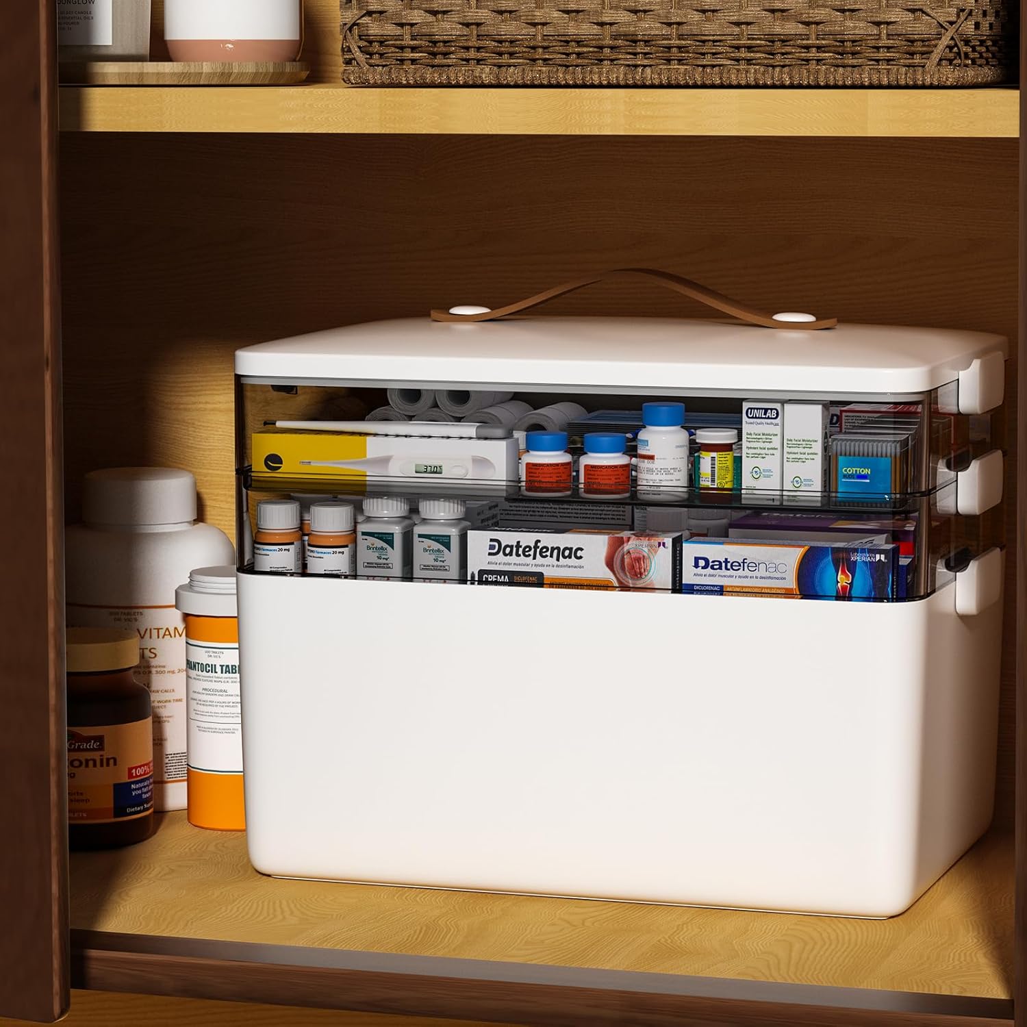 JOYBOS 3-Tier Medicine Storage Box Cabinet front view showcasing the secure latch and portable leather handle.