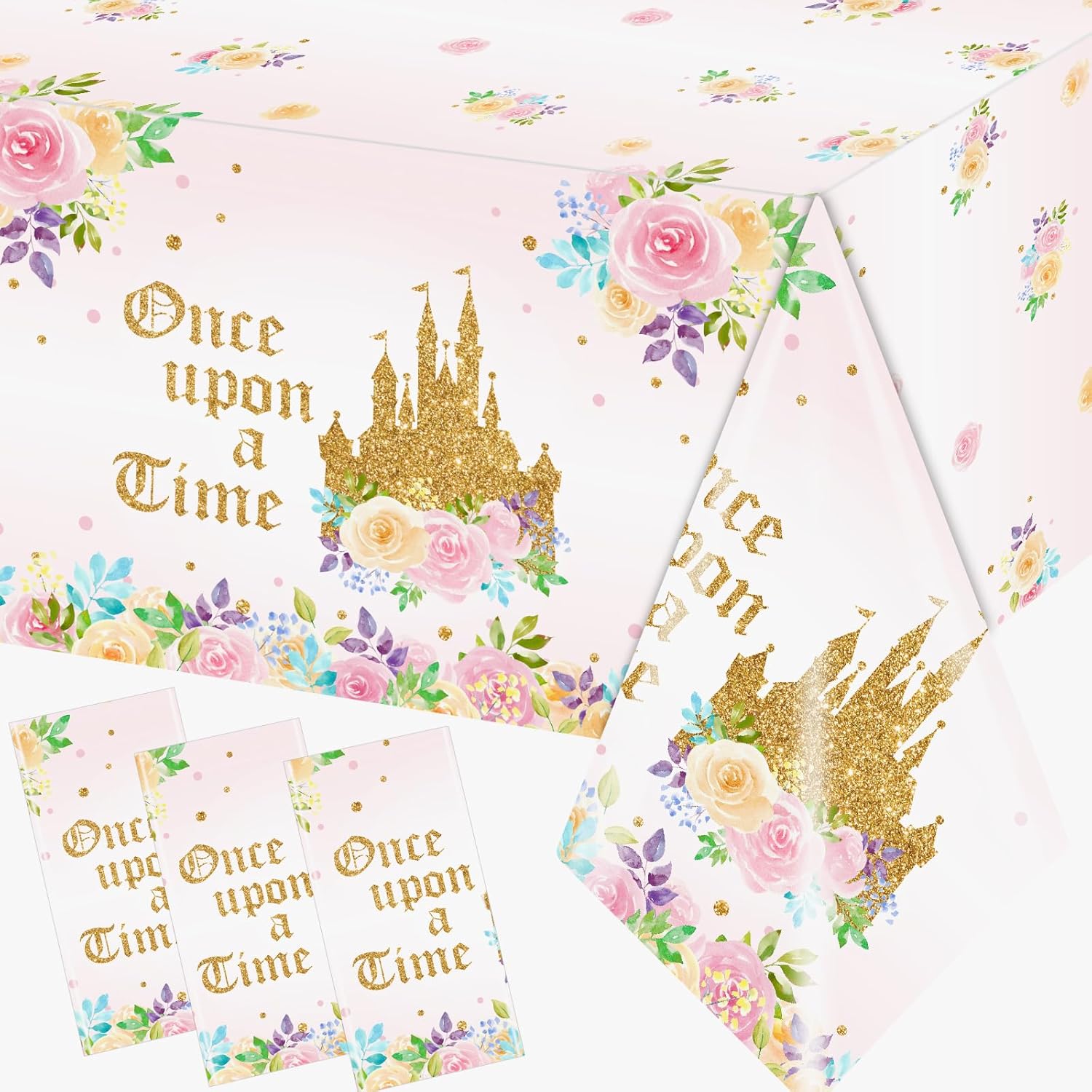 Dydamud Princess Birthday Party Tablecloths front view showing pink castle design