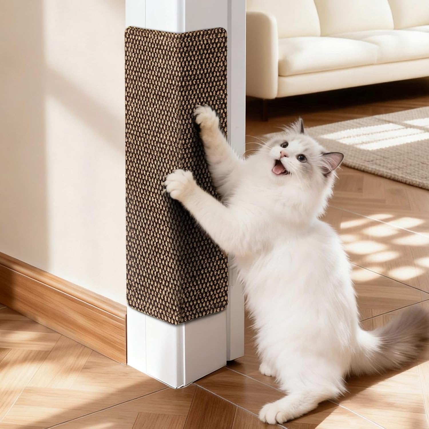 REFLYING Wall Cat Scratcher front view showing deep brown natural sisal fabric corner protector.