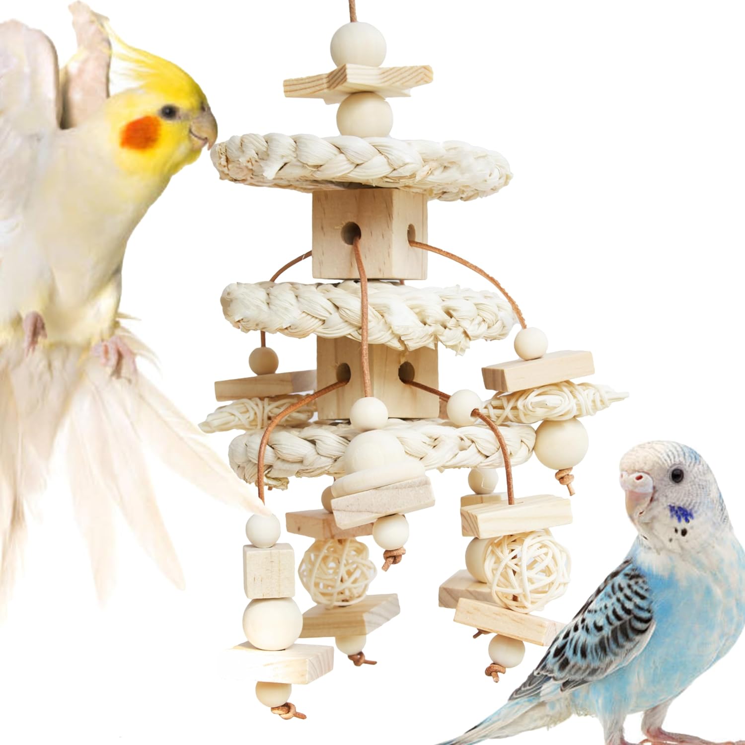 Vildroohowl natural corn husk bird foraging toy front view hanging inside a cage.