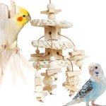 Vildroohowl natural corn husk bird foraging toy front view hanging inside a cage.