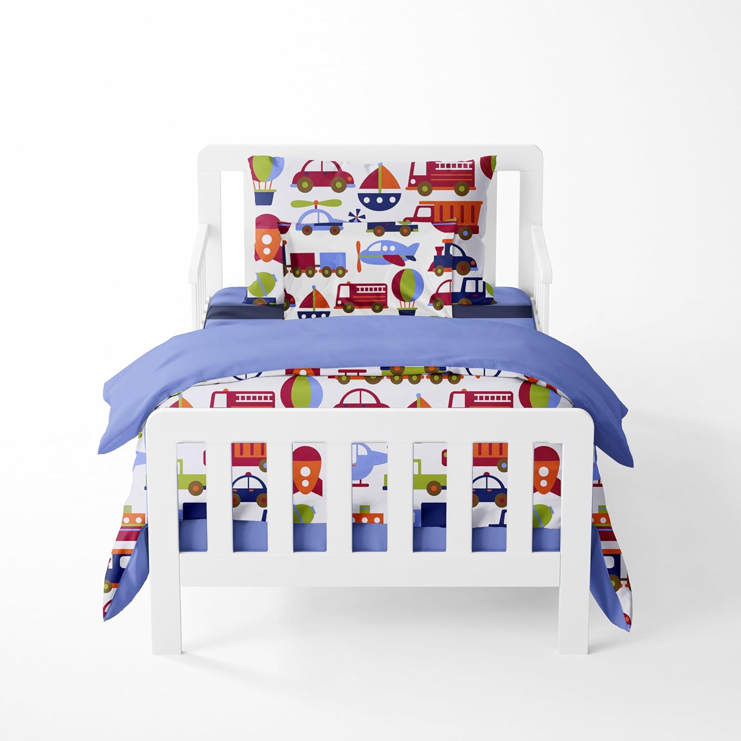 Bacati Transportation Blue 4 Piece Boys Toddler Bedding Set front view featuring colorful trucks and airplanes on a white comforter.