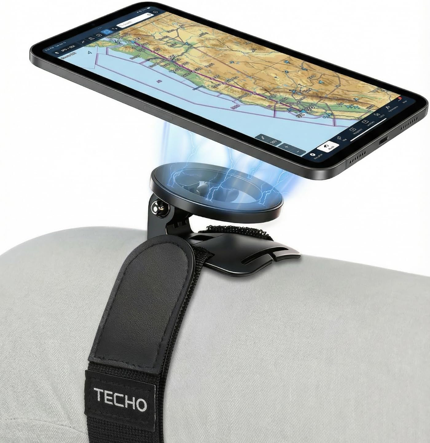 TECHO Magnetic Pilot Kneeboard universal tablet holder front view showcasing the black magnetic mounting surface and wide elastic strap.
