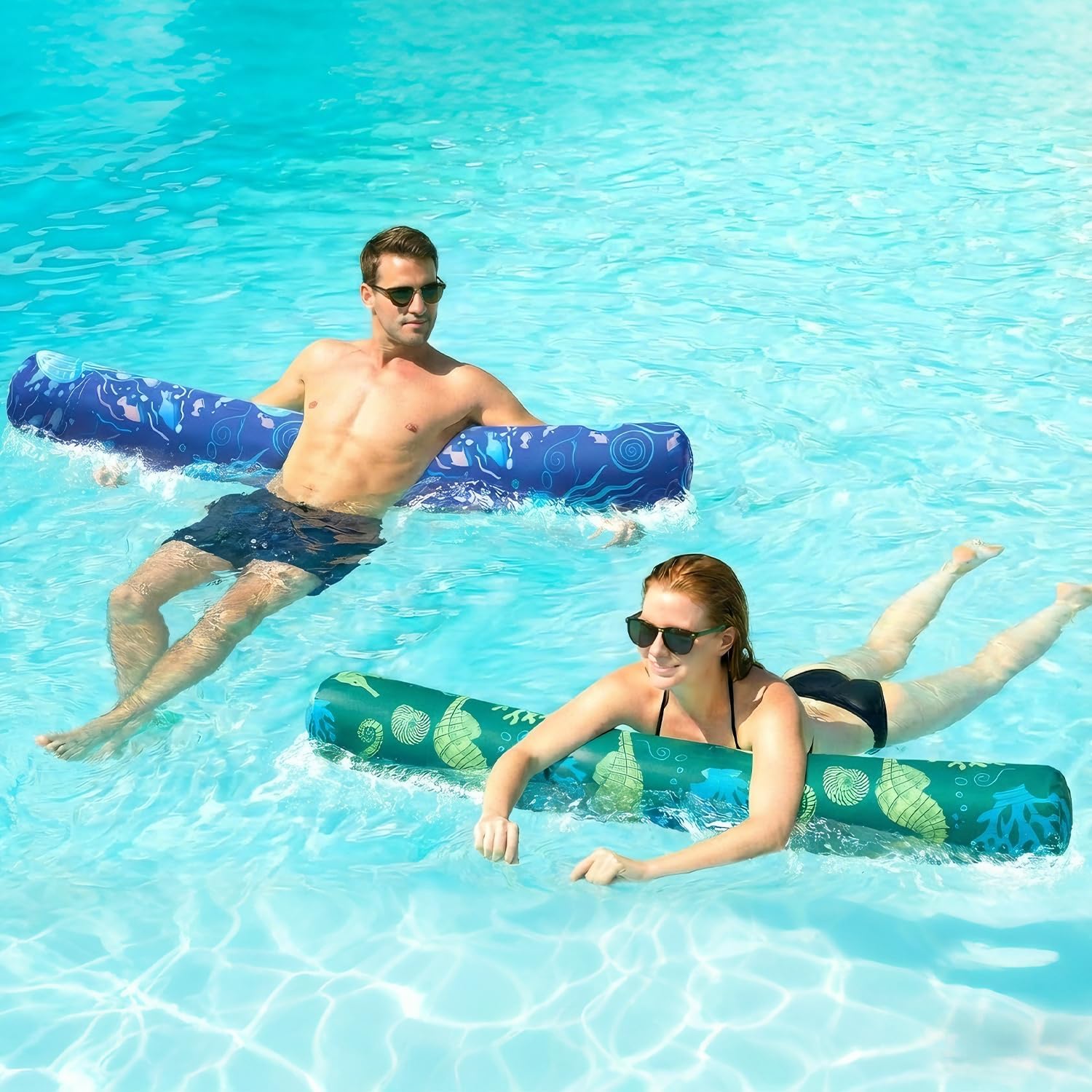 AURASUN inflatable swim pool noodles front view showing vibrant teal marine life patterns.
