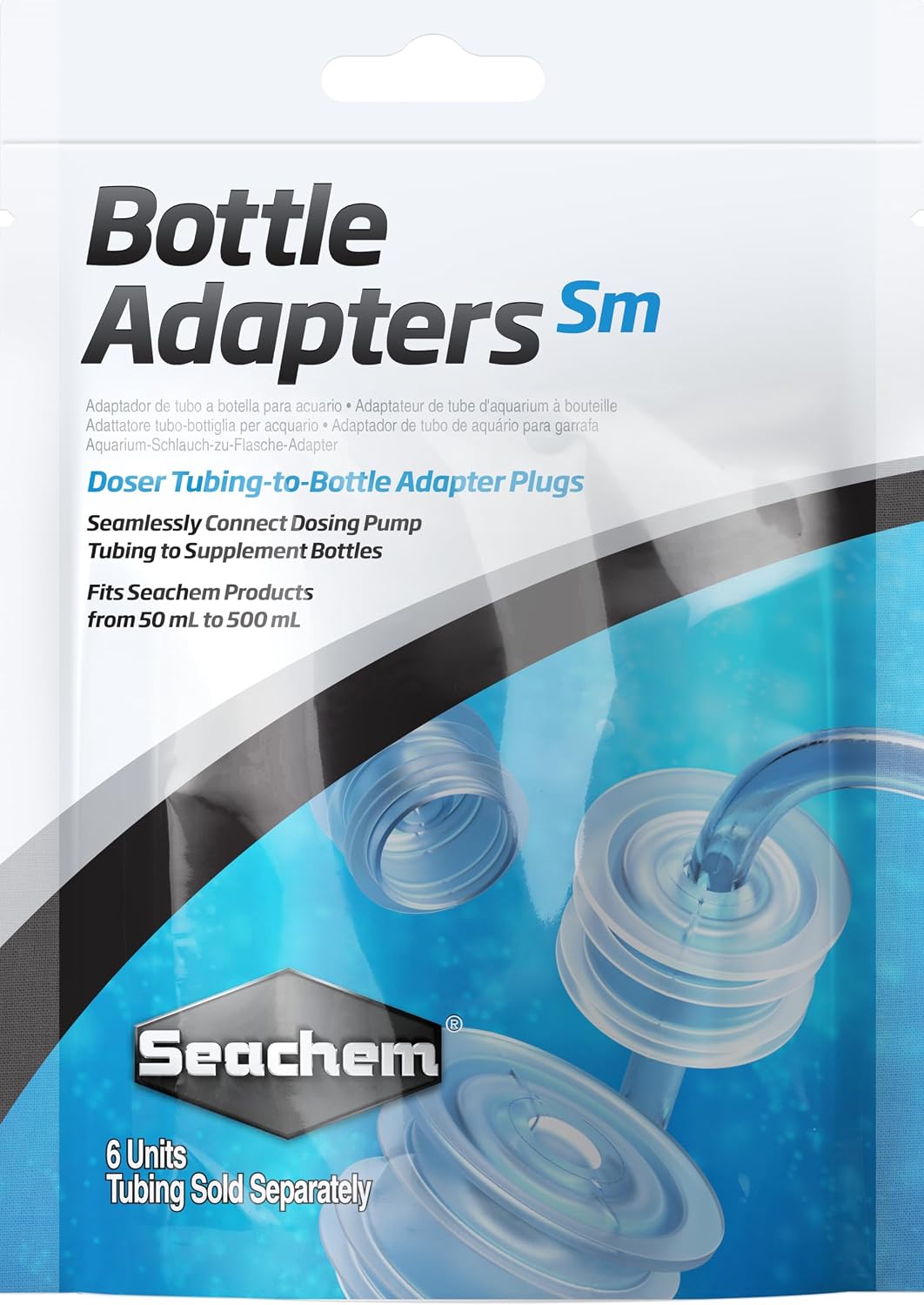 Seachem Bottle Adaptor Small 24mm front view showing the pack of six pieces.