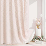 Craidlela boho pink woven fabric shower curtain front view hanging in a modern farmhouse style bathroom.