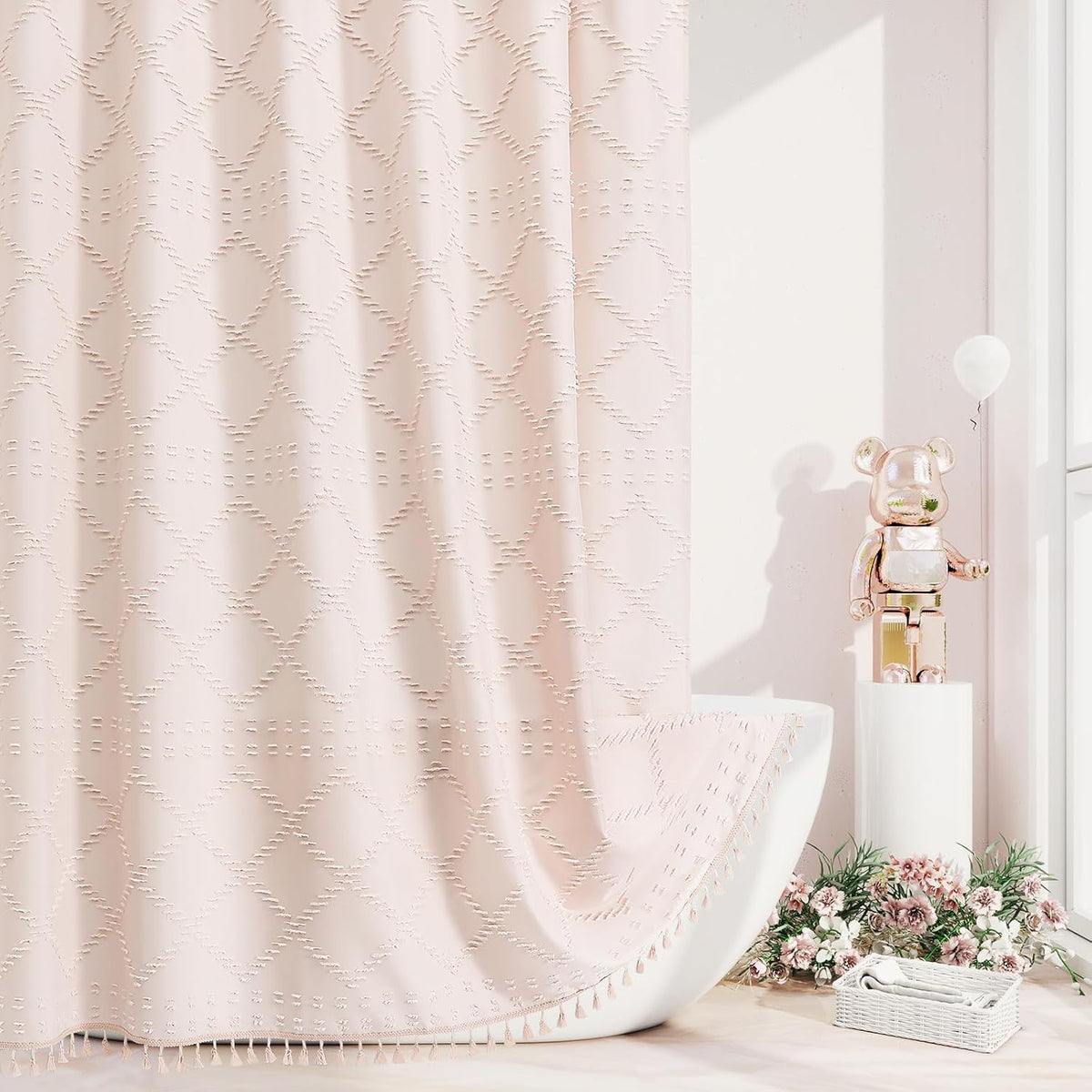 Craidlela boho pink woven fabric shower curtain front view hanging in a modern farmhouse style bathroom.