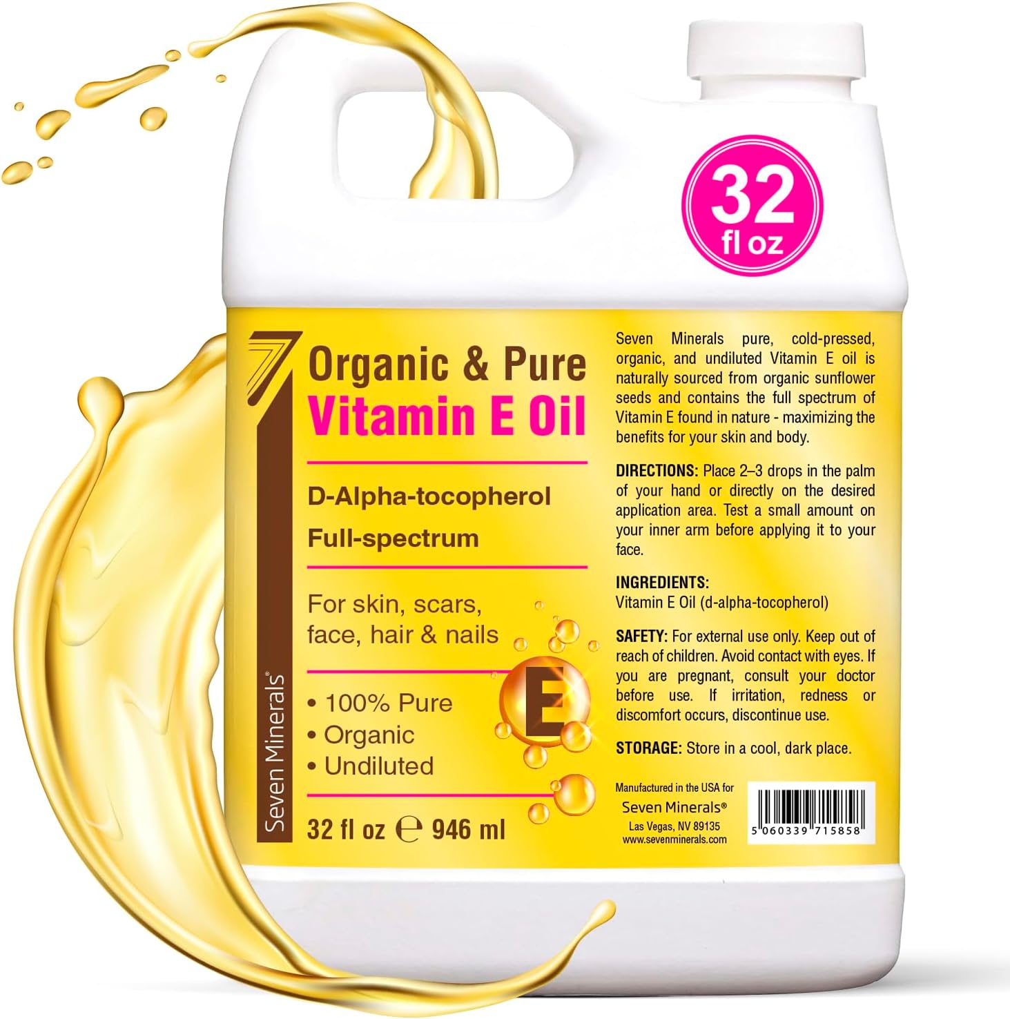 Seven Minerals Ultra Pure Vitamin E Oil - Full-Spectrum D-Alpha Tocopherol, 100% Organic Vitamin E Oil for Skin, Face, Hair, and Scars - Naturally Occurring = Not Synthetic (32 fl oz Jug) - Image 1