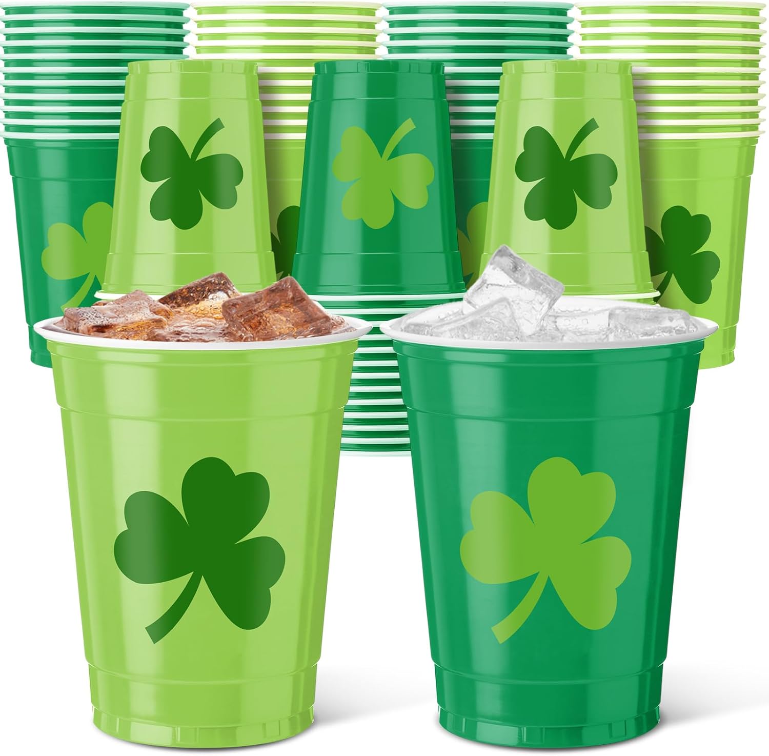 Vesici St. Patrick's Day plastic cups with shamrock design front view