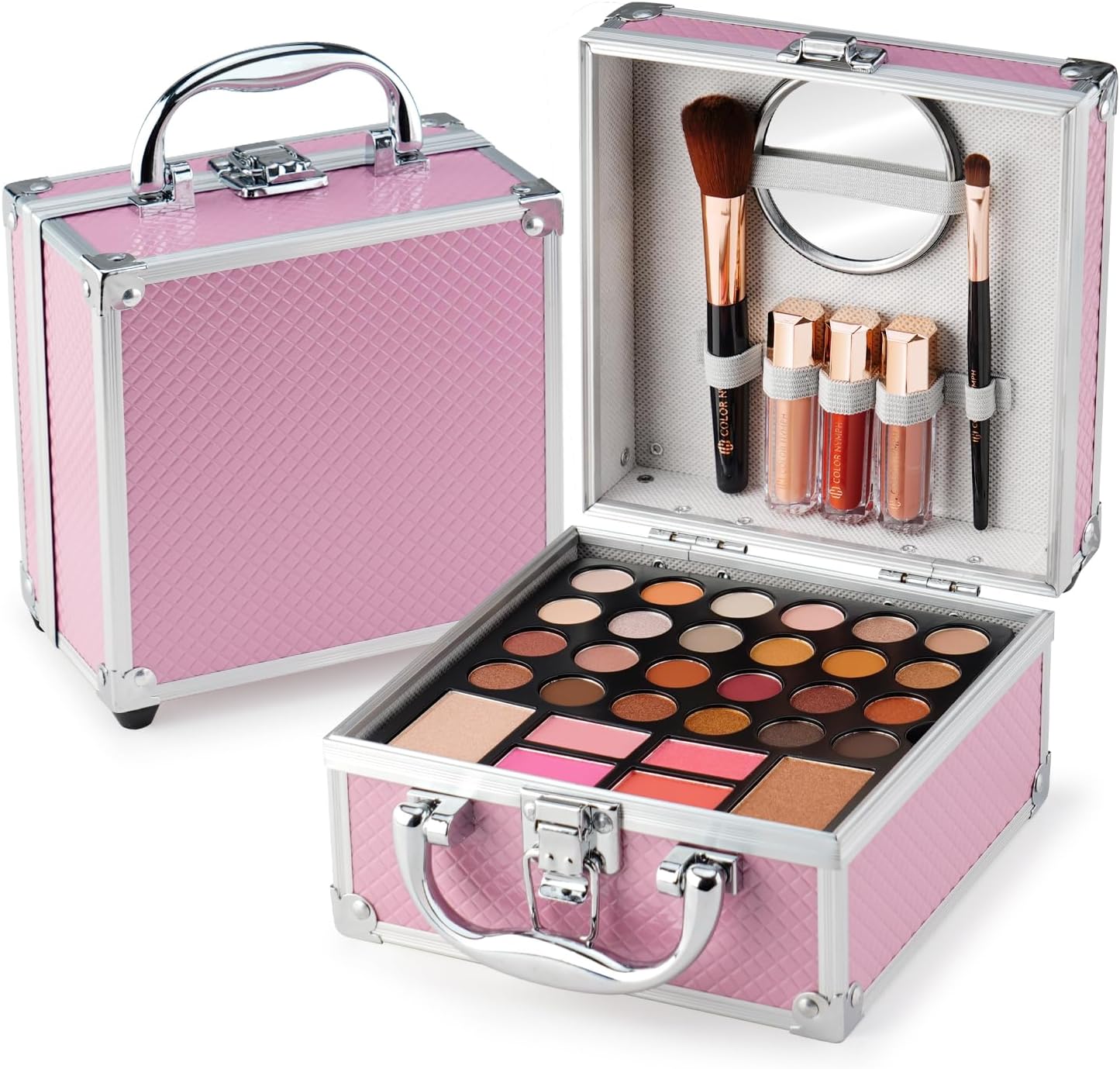 Color Nymph Beginner Makeup Kit For Teens With The Small Cosmetic Train Case Included 24-Colors Eyeshadow Palette Blushes Bronzer Highlighter Lipstick Brushes Mirror(Pink) - Image 1