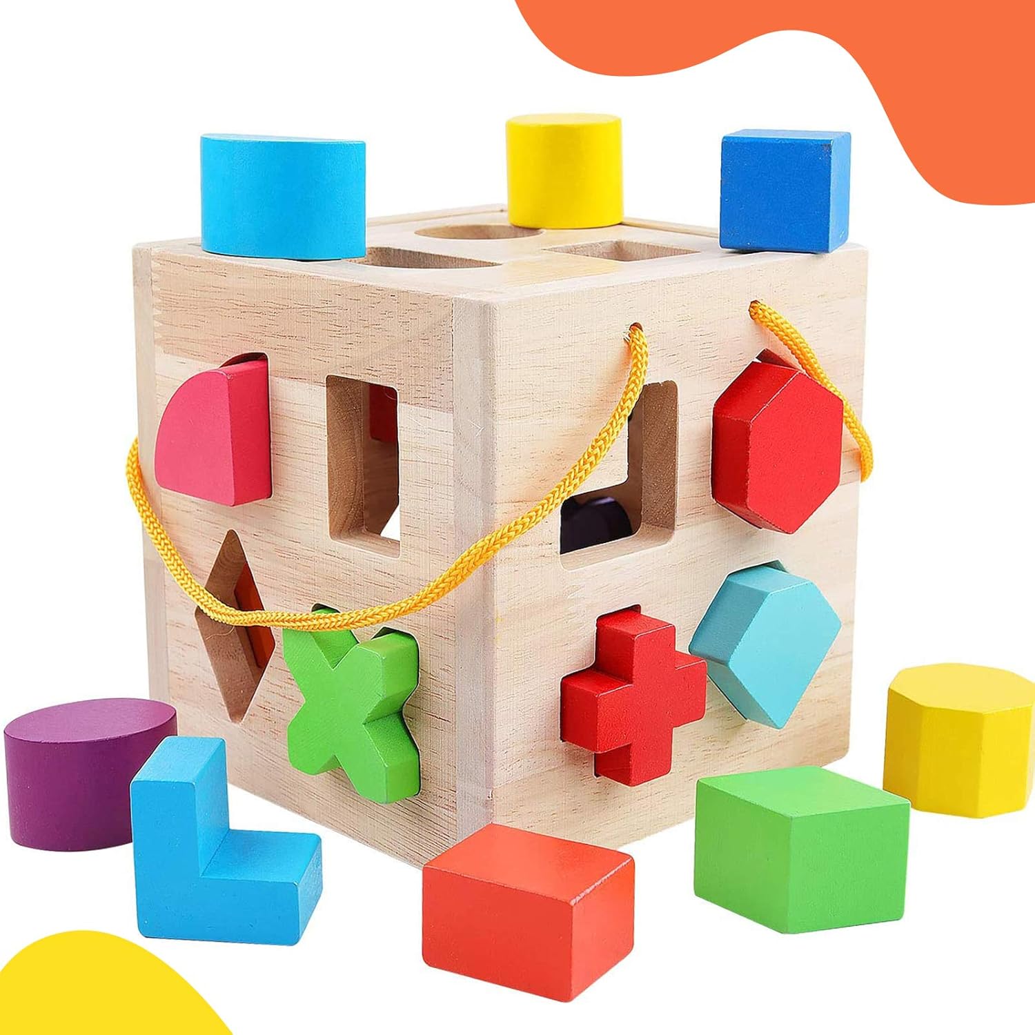 QZMTOY Wooden Shape Sorter Toy front view showing the natural solid wood cube with geometric blocks.