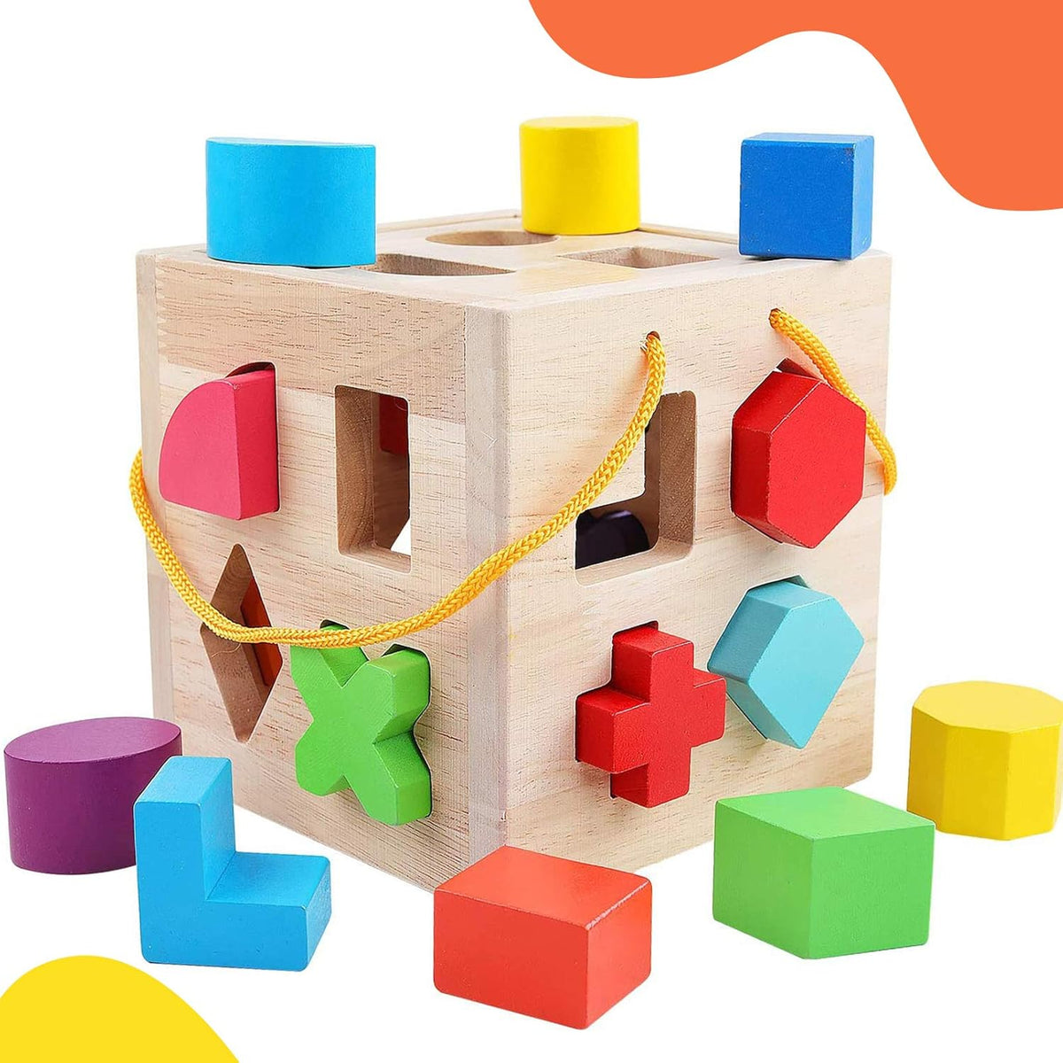 QZMTOY Wooden Shape Sorter Toy front view showing the natural solid wood cube with geometric blocks.
