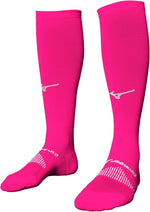 Mizuno men's standard over the calf performance sock front view showing pink athletic stocking.