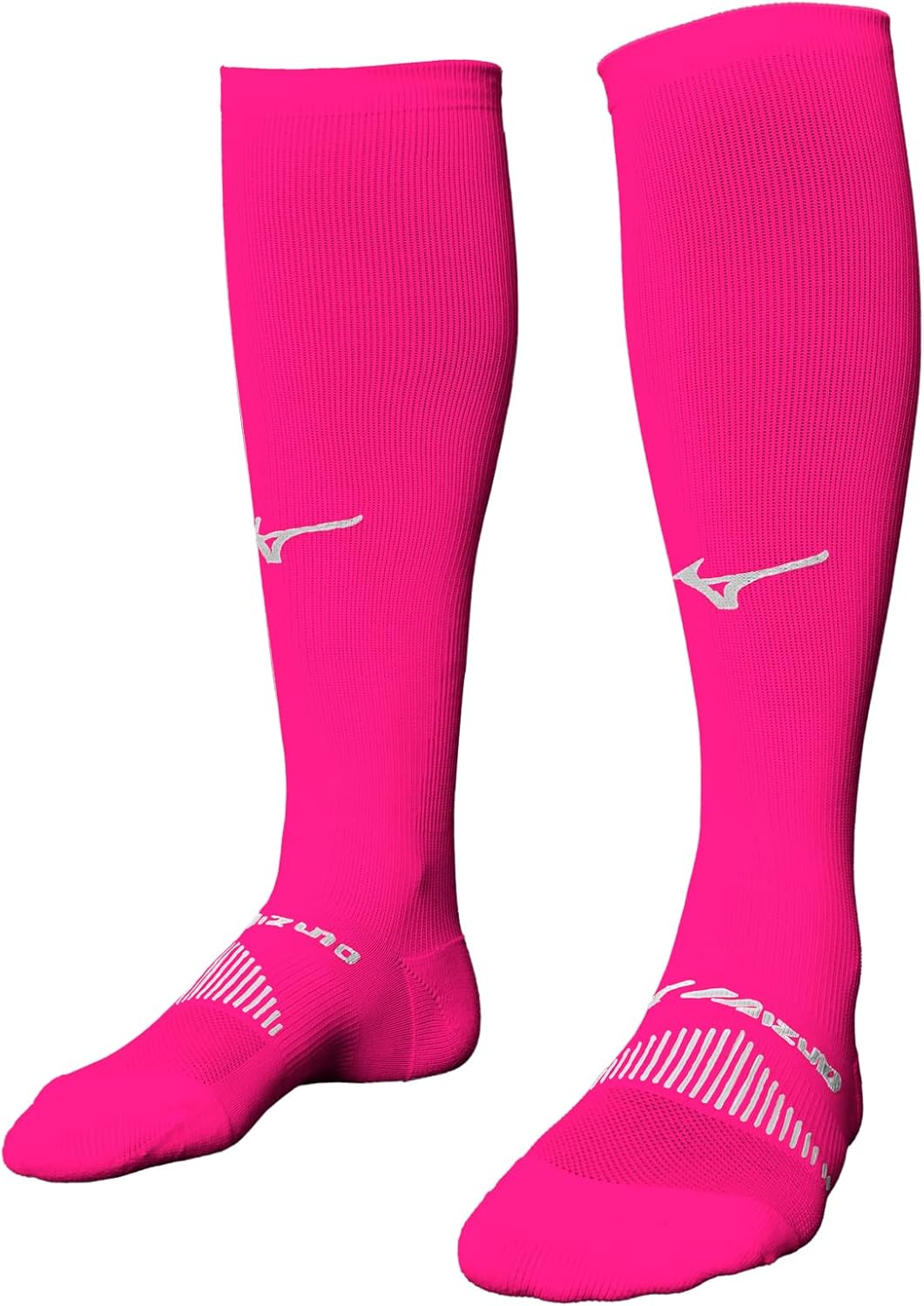 Mizuno men's standard over the calf performance sock front view showing pink athletic stocking.