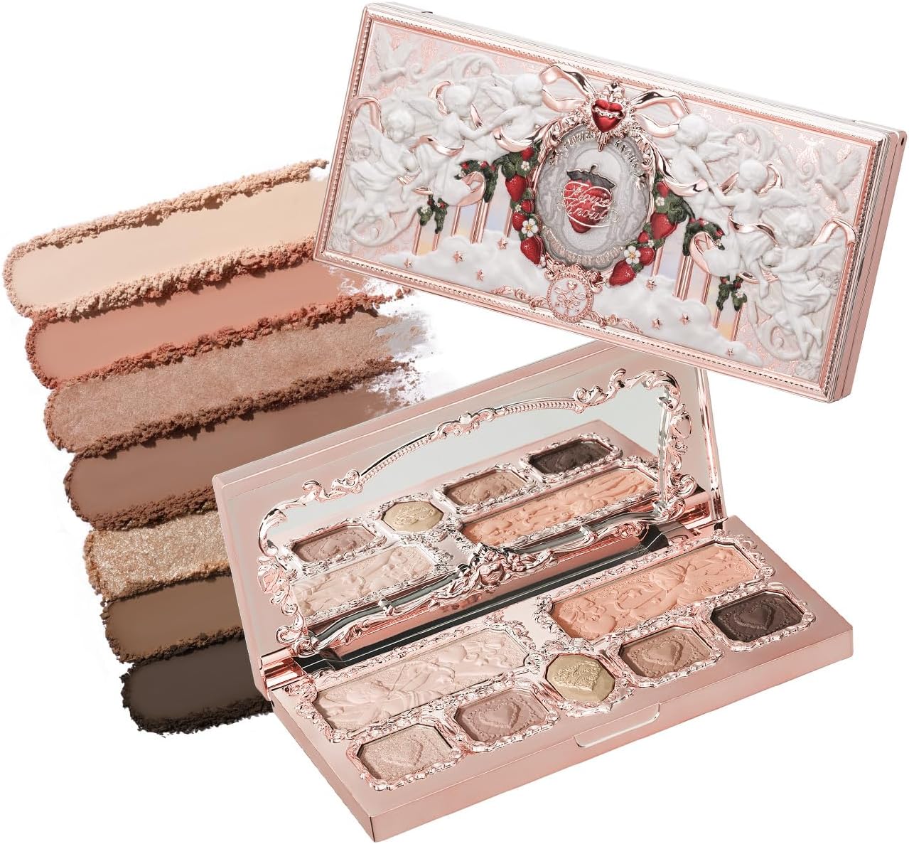 Flower Knows Strawberry Cupid Makeup Palette 01 Honey Canelé front view showcasing the ornate gilded rococo case