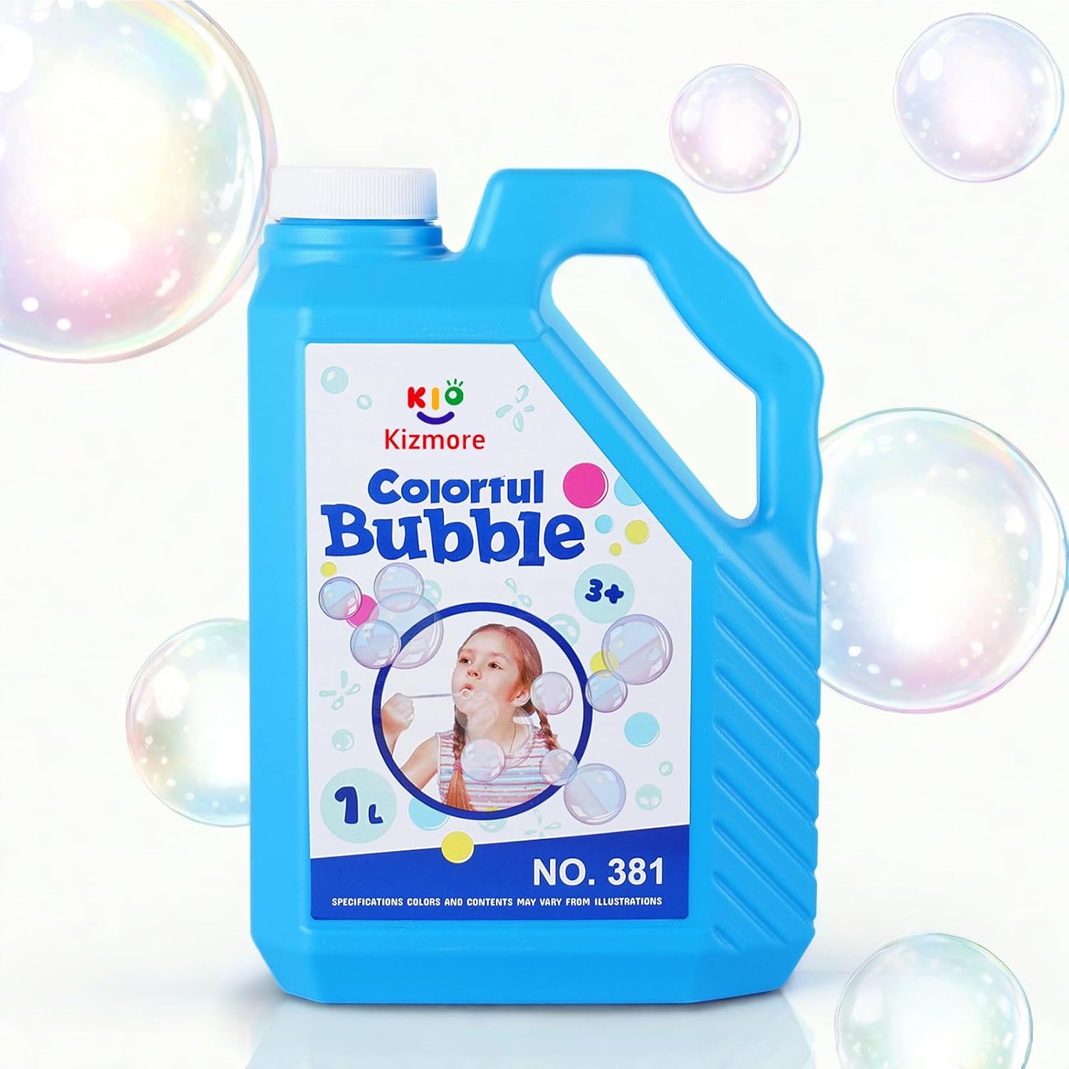 Kizmore colorful bubble solution refill front view bottle of blue pre-mixed liquid