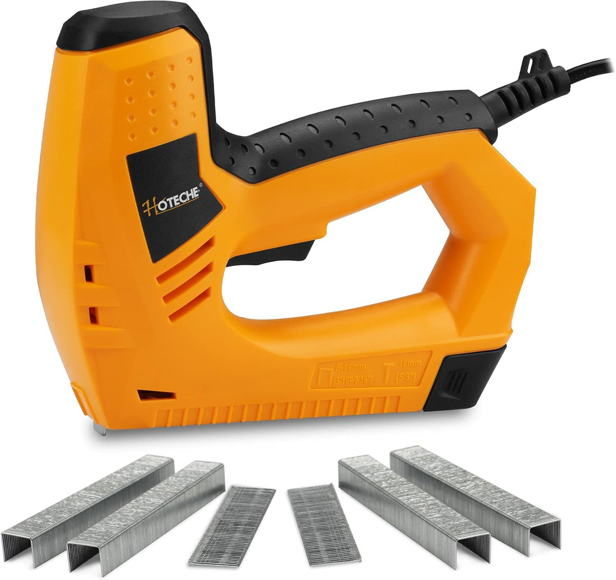 Hoteche electric brad nailer front view showcasing orange housing and grip