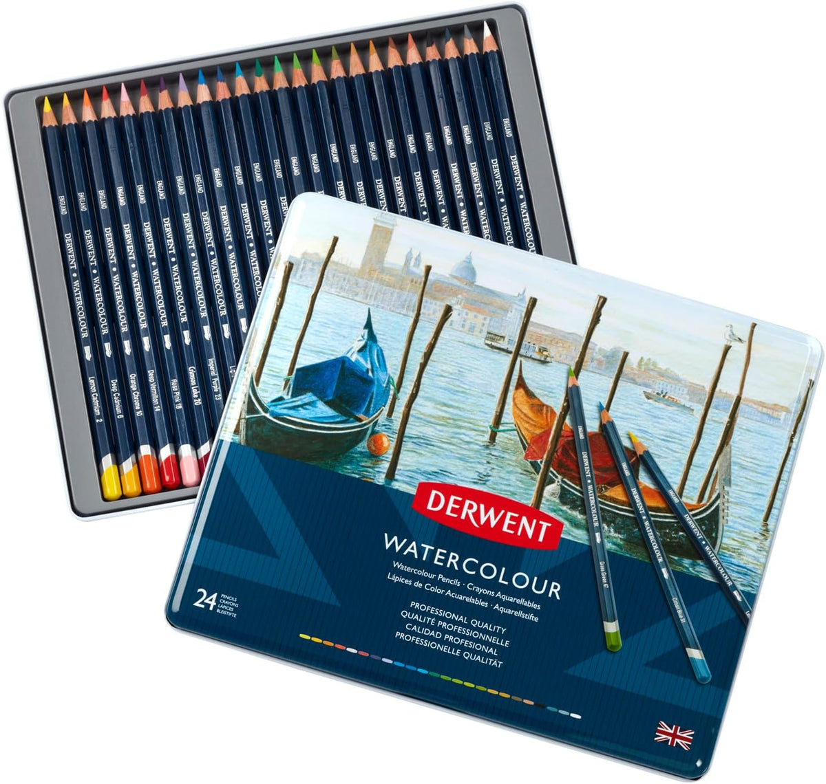 Derwent watercolour pencils front view in metal tin