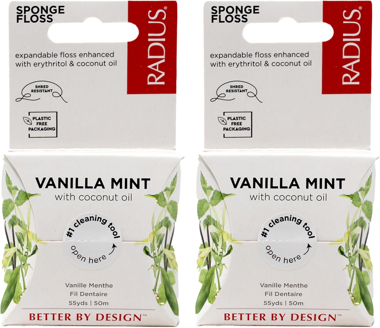 Radius Dental Floss, Sponge Floss, Vanilla Mint, 55 Yards, Vegan & Non-Toxic Oral Care Designed to Help Fight Plaque, Pack of 2 - Image 1