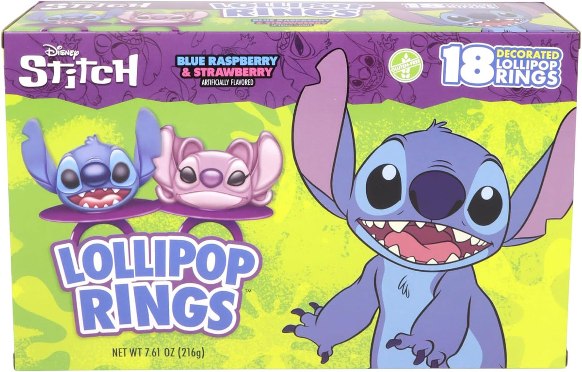 Flix Candy wearable lollipop rings featuring blue and pink alien character designs for birthday celebrations.