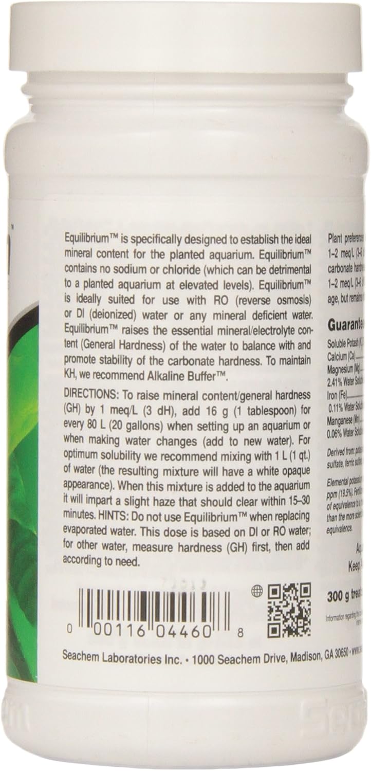 Seachem Equilibrium aquarium powder jar back directions label