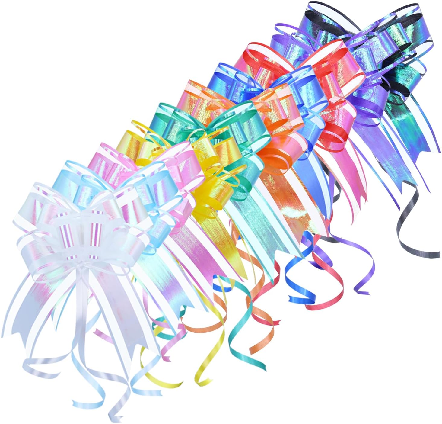 WEWILUCK iridescent colorful pull bow assortment front view featuring ten vibrant flat ribbons ready for assembly