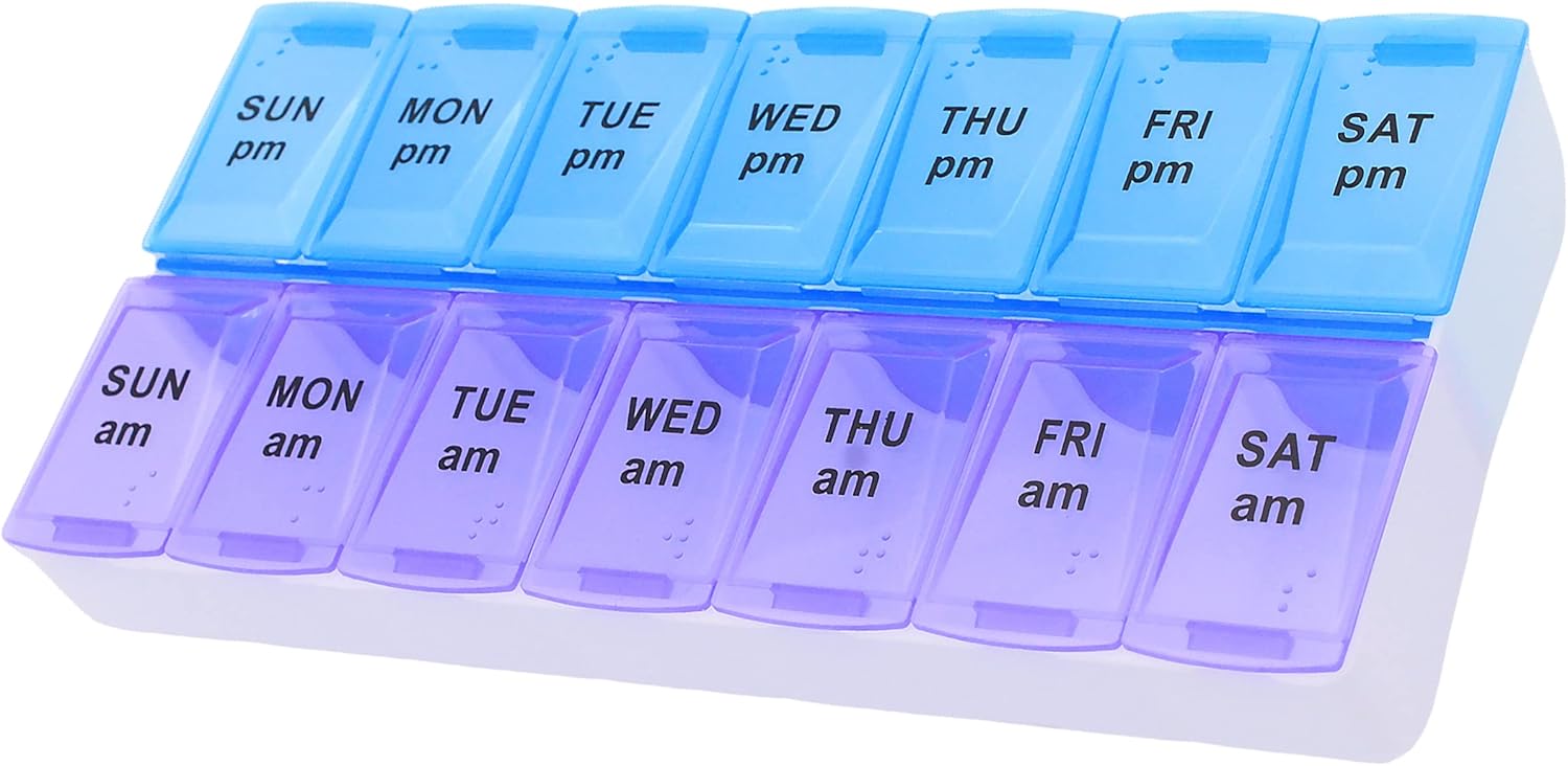 7 Day Weekly AM PM Pill Organizer, ShysTech Large Pill Case Pill Box for Pills Vitamin Supplements Medication (Purple/Blue) - Image 1