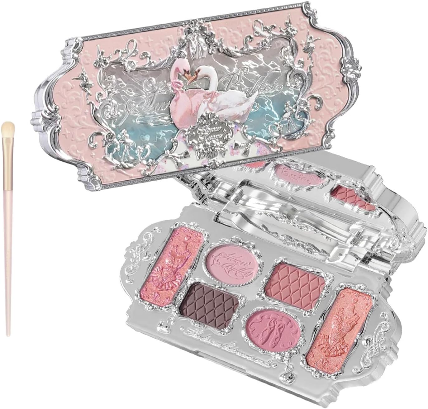 Flower Knows Swan Ballet Six-Color Makeup Palette front view featuring the embossed silver ballet costume design.