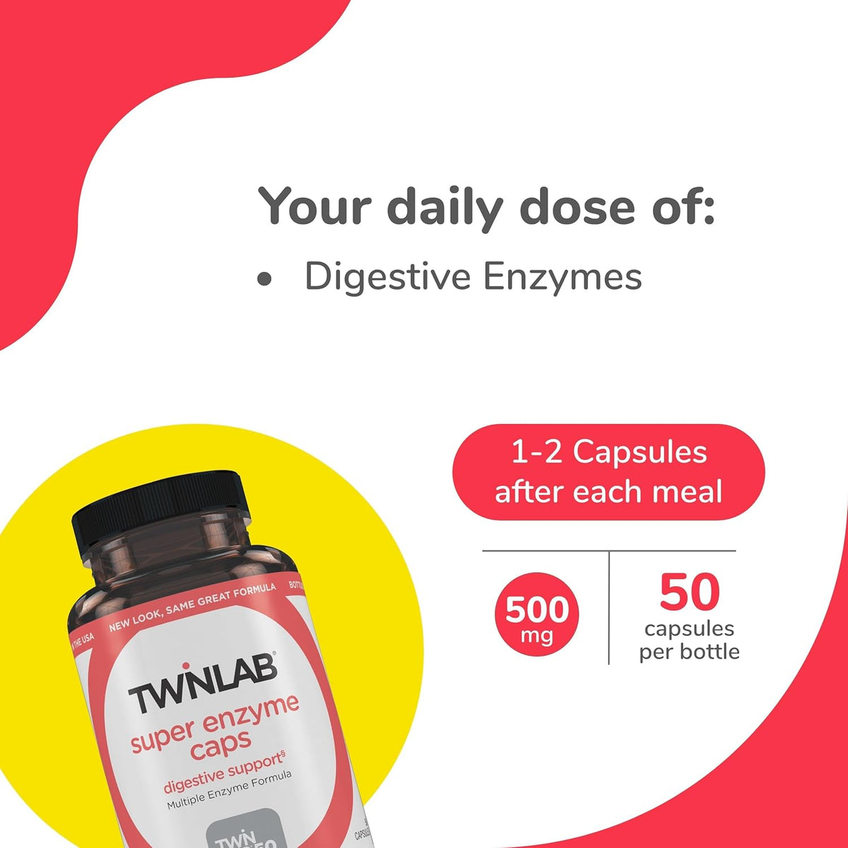 Twinlab Super Enzyme Caps - Constipation Supplement with Digestive Enzymes - 50 Capsules (Pack of 4) - Image 3