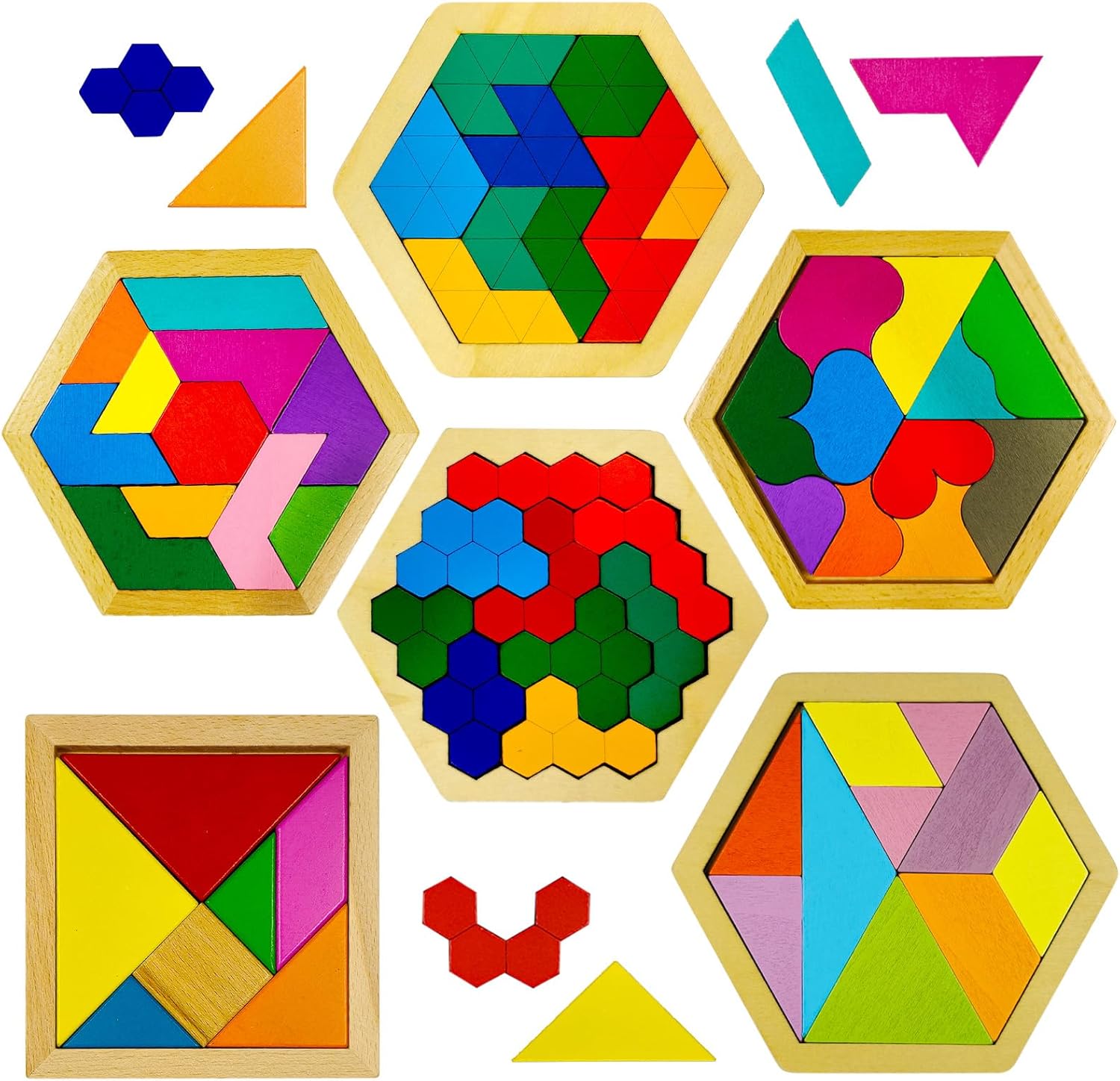 YUQILIN 6 Pieces Wooden Tangrams Puzzles set front view showing colorful hexagon shapes