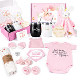 Suhctuptx baby girl gift set front view showing curated pink newborn essentials and parent tumblers.