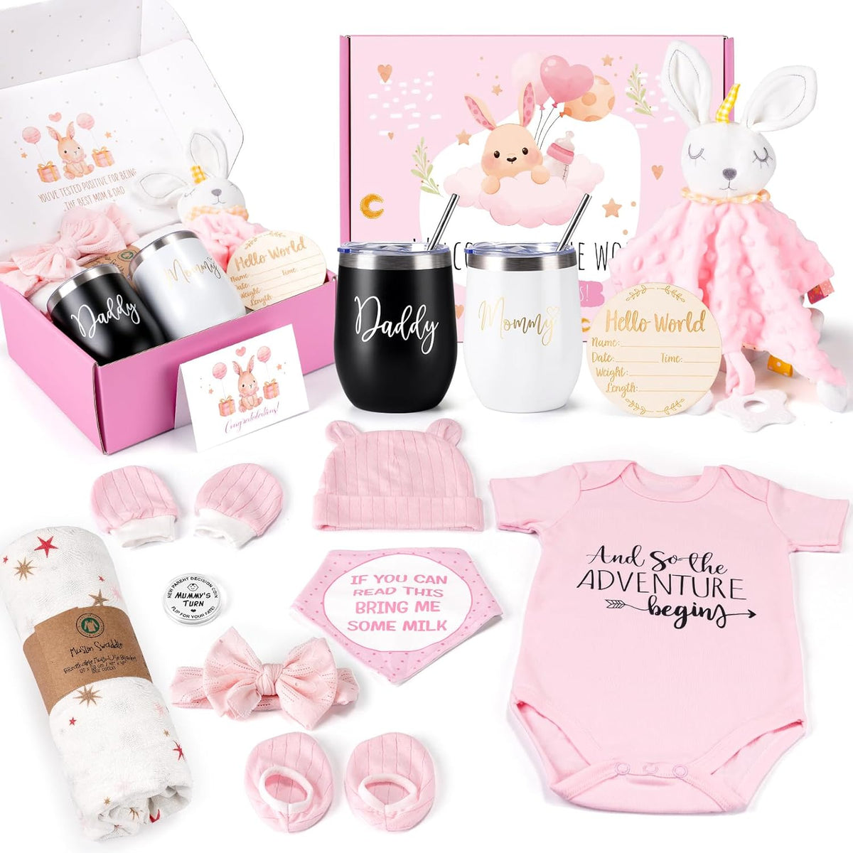 Suhctuptx baby girl gift set front view showing curated pink newborn essentials and parent tumblers.