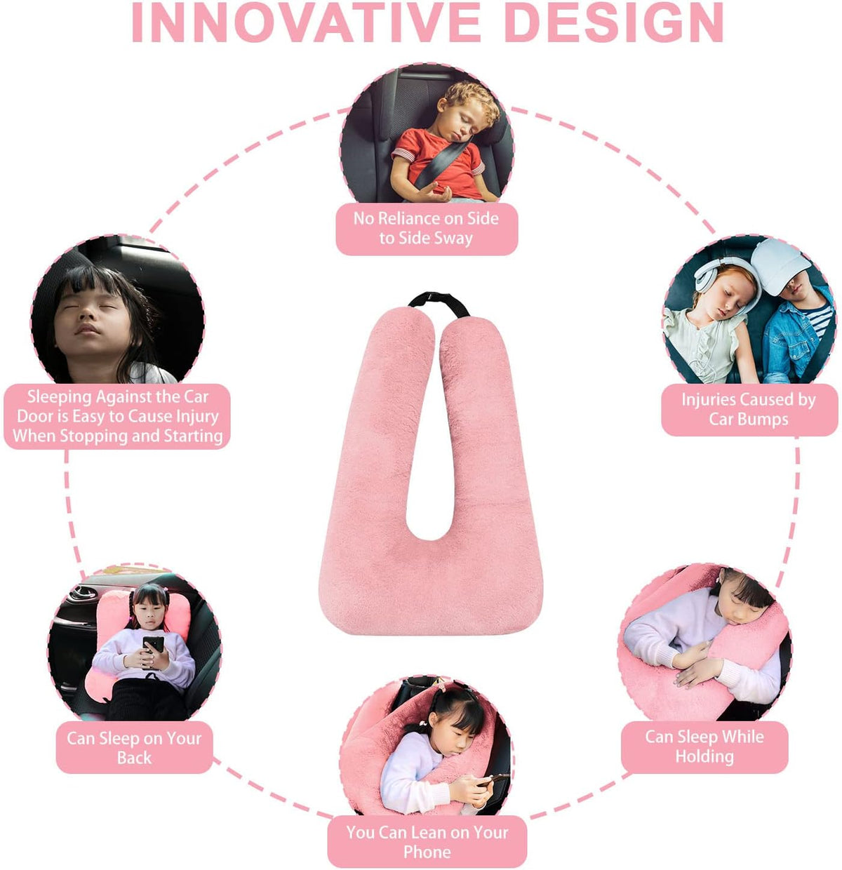 Child sleeping comfortably with MROUEN pink travel neck pillow