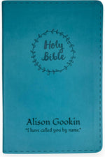 Personalized NIV Thinline Holy Bible front view in teal faux leather
