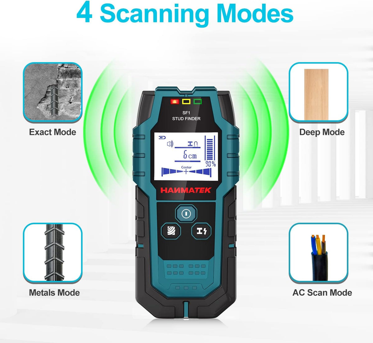 HANMATEK stud finder scanning live AC wires behind wall