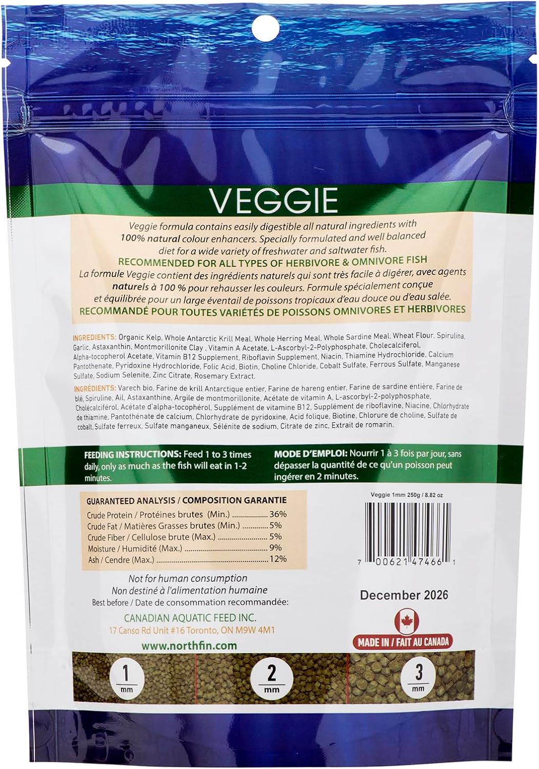 Northfin Veggie Formula 250g bag ingredient list label