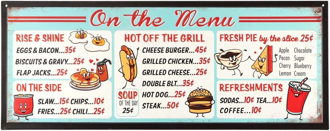 Open Road Brands on the menu embossed metal sign front view diner decor